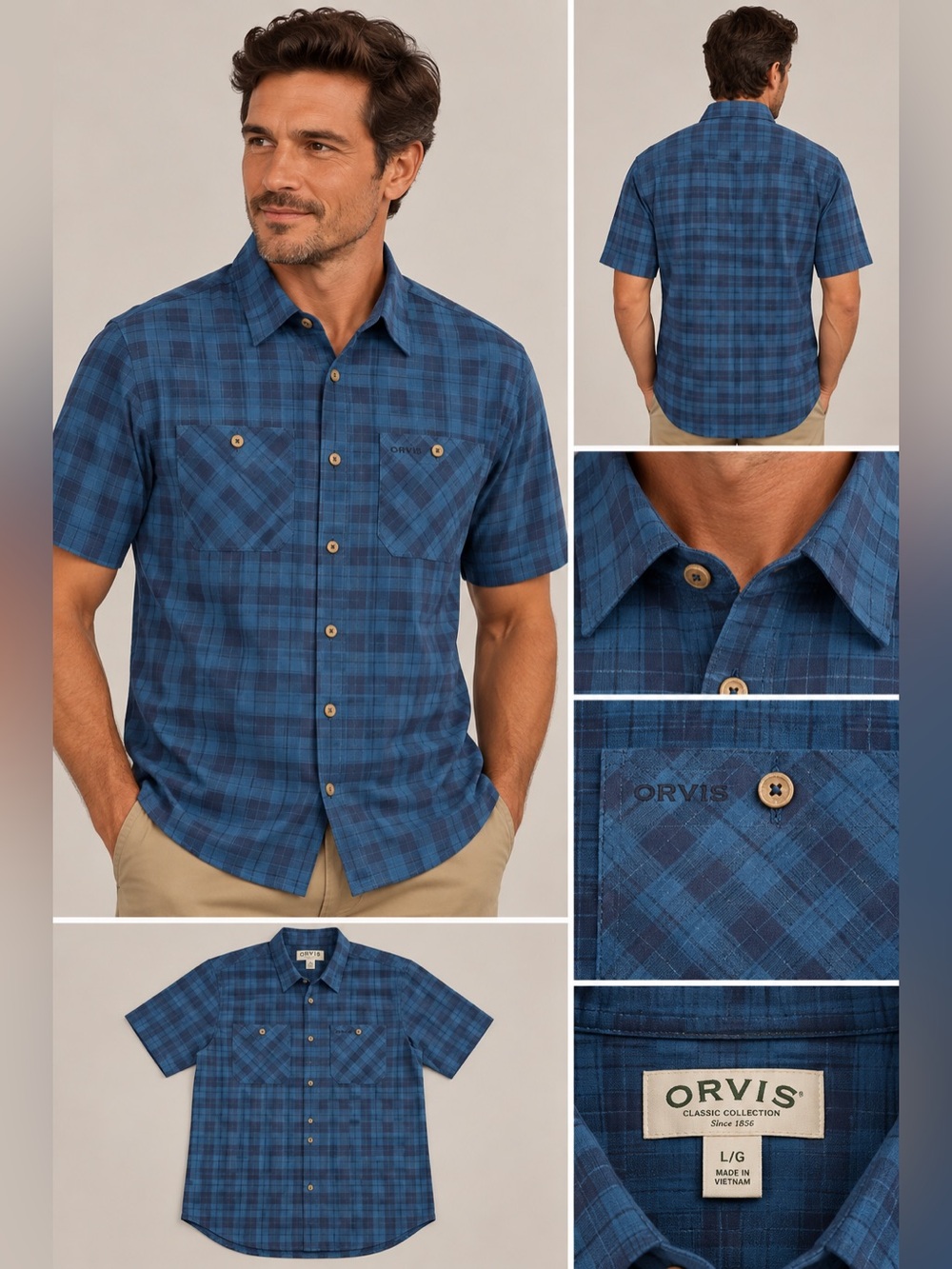 Orvis Blue Plaid Short-Sleeve Button-Up Shirt Large